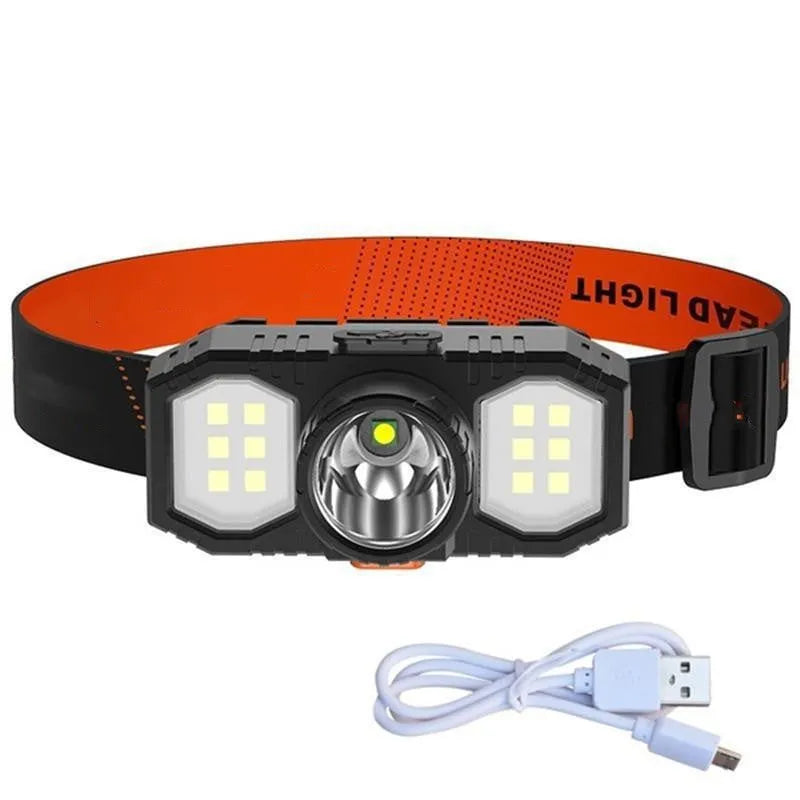 White USB rechargeable headlamp with adjustable headband and integrated LED light.