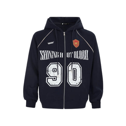 Women's loose hooded cardigan jacket with retro letter embroidery in cotton blend fabric