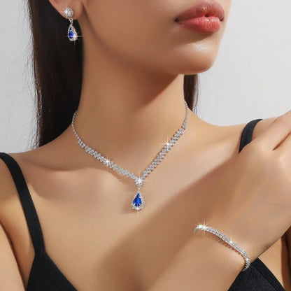 Rhinestone water drop shaped claw chain necklace and earrings jewellery set in selected colour