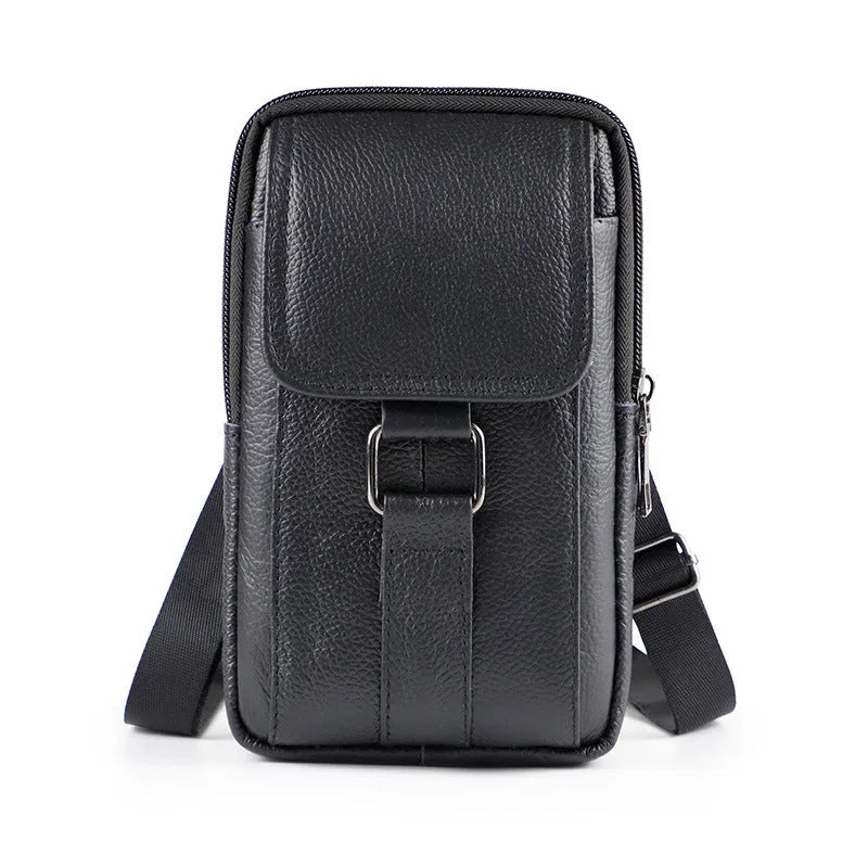 Men's genuine leather crossbody waist bag with lock feature and coin pocket in vertical square shape