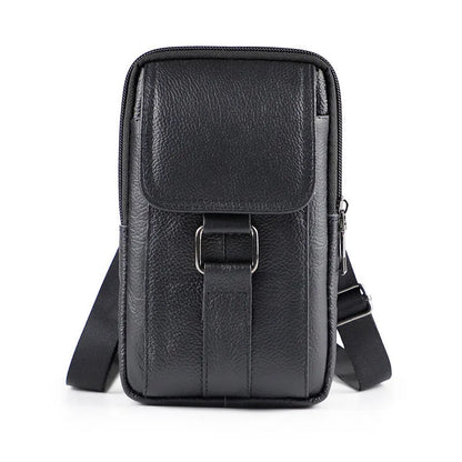 Men's genuine leather crossbody waist bag with lock feature and coin pocket in vertical square shape
