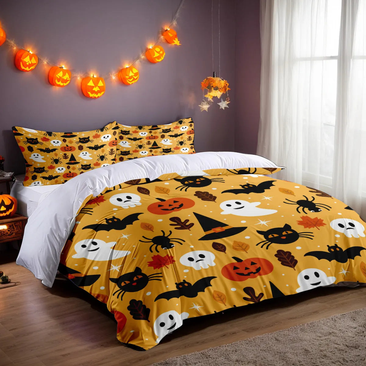 White three-piece bed set with digital printed pattern on chemical fibre fabric