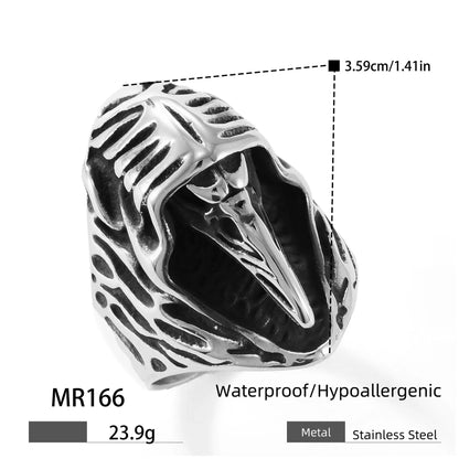 Crow motif stainless steel punk ring in geometric retro style with MR166 colour finish