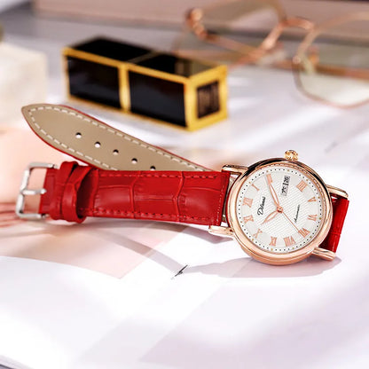Women's mechanical automatic watch with 12mm thickness showing steel belt and leather strap options