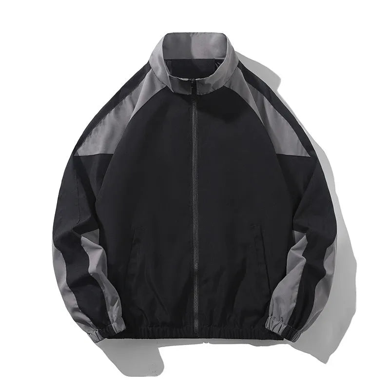 Men's black casual jacket with contrast stitching detail and side pockets for outdoor wear