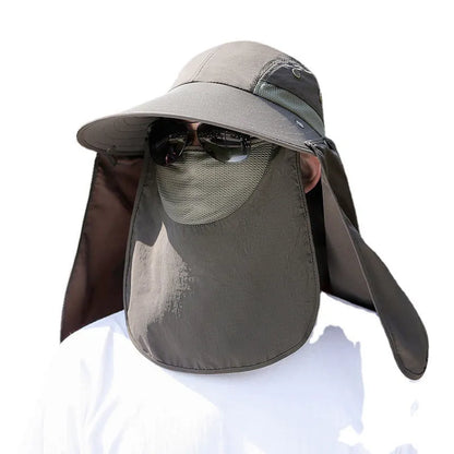 Men's khaki sun hat with built-in cooling fan and attached face covering neck shawl for outdoor protection.