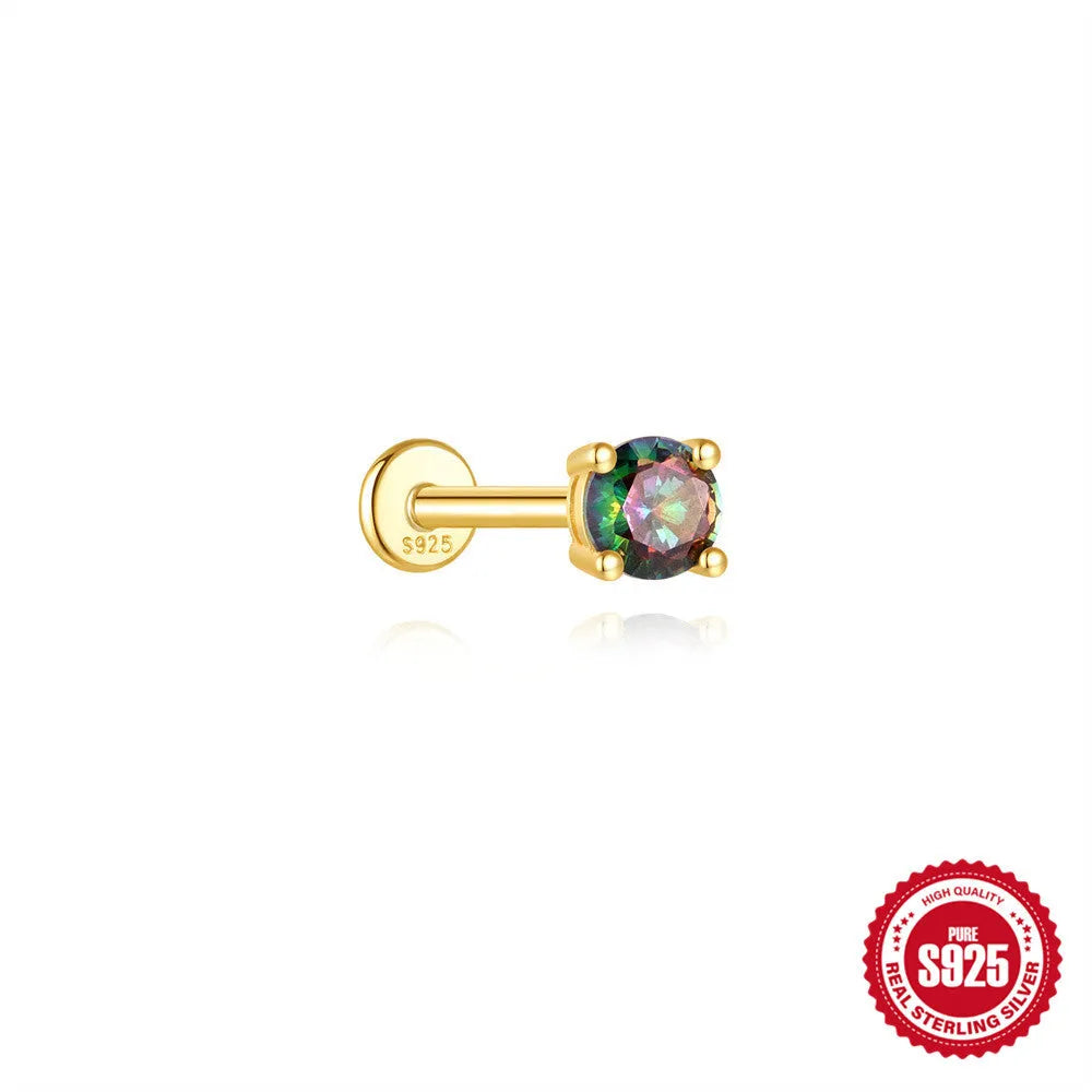 Sterling silver flat head thread piercing earrings with geometric shape and rainbow stone detail