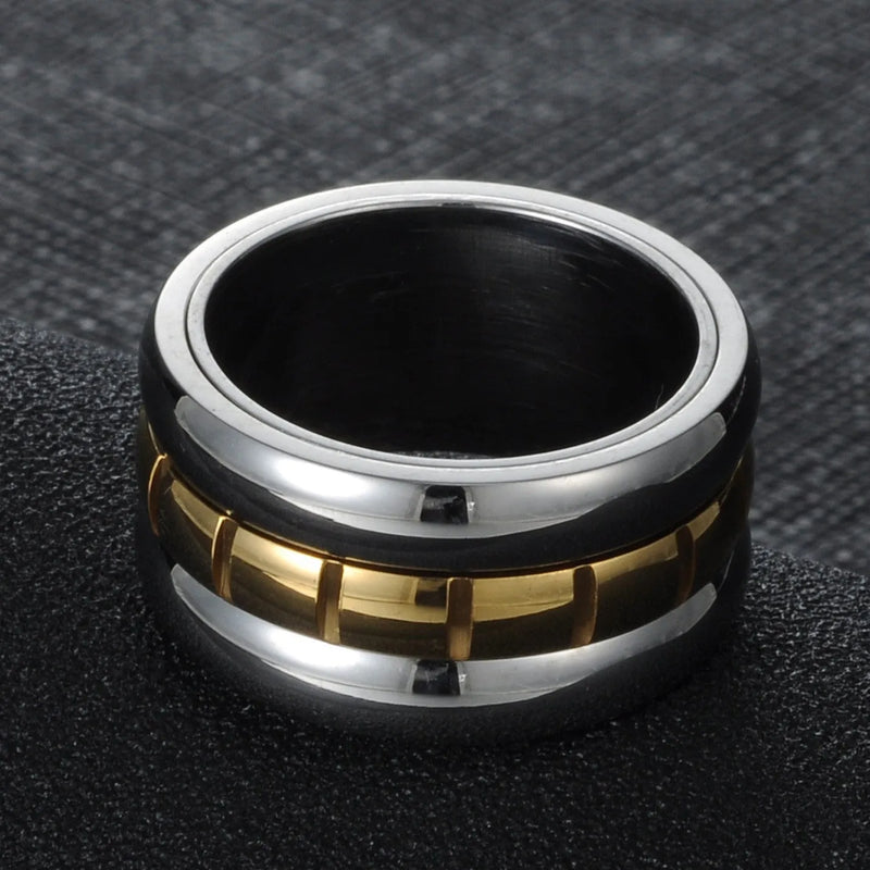 Rotatable knuckle ring in ultra-wide titanium steel with gold electroplating, available in four adjustable sizes from 7 to 10, featuring a natural style design for contemporary jewellery looks.