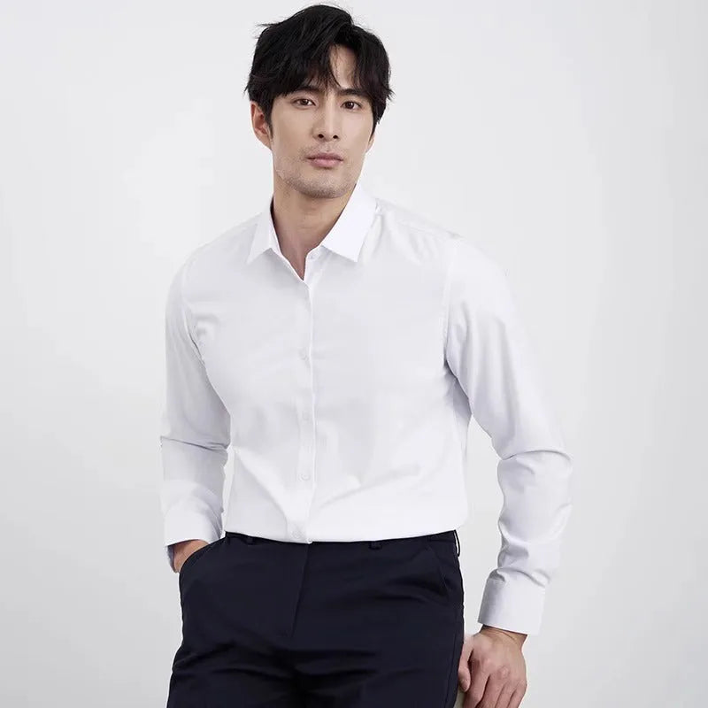 Wine red men's slim fit business shirt with long sleeves and non-ironing polyester blend fabric
