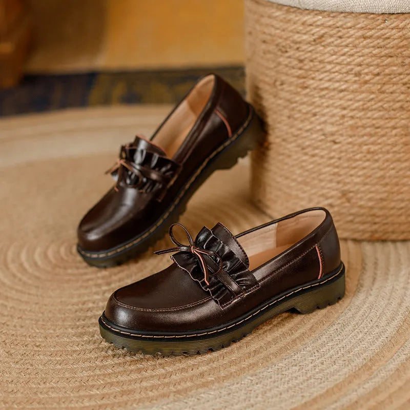 Black and brown women's leather shoes with round toe and chunky flat heel