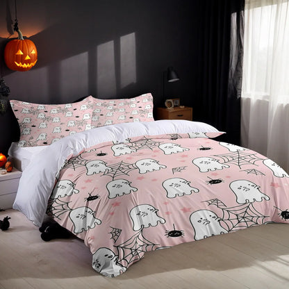 White three-piece bed set with digital printed pattern on chemical fibre fabric