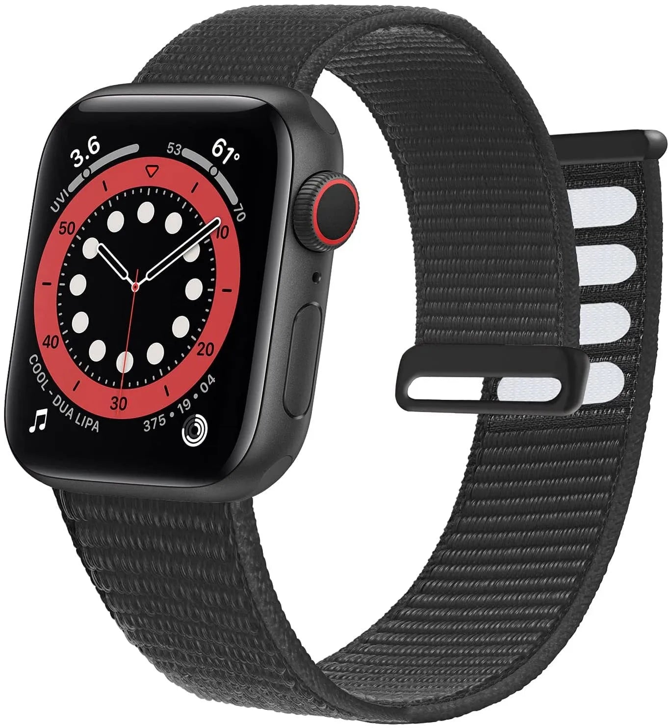 Woven nylon Apple Watch strap in multiple colour options on a watch case