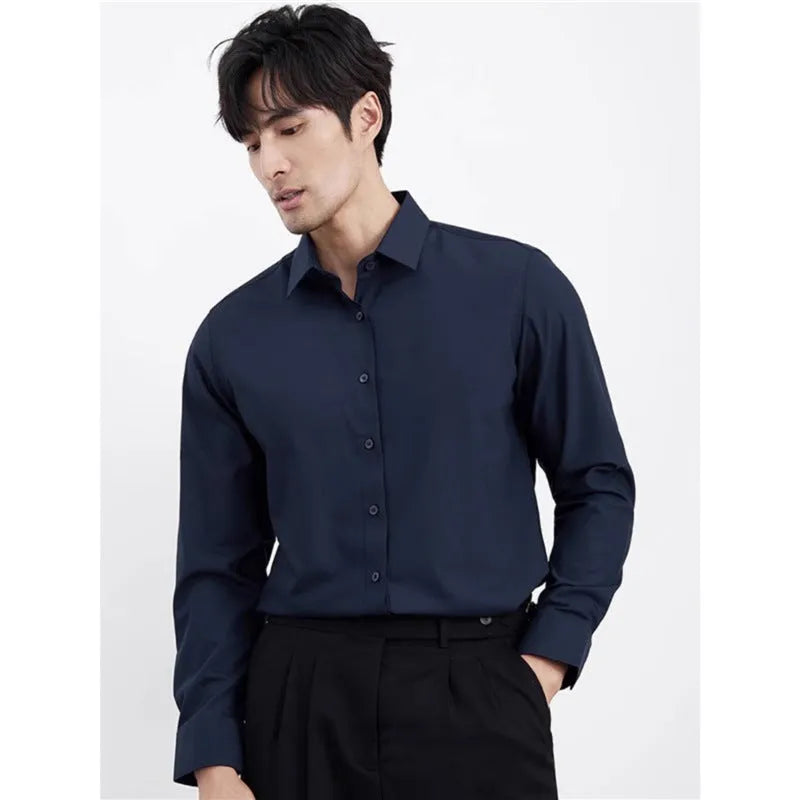 Wine red men's slim fit business shirt with long sleeves and non-ironing polyester blend fabric