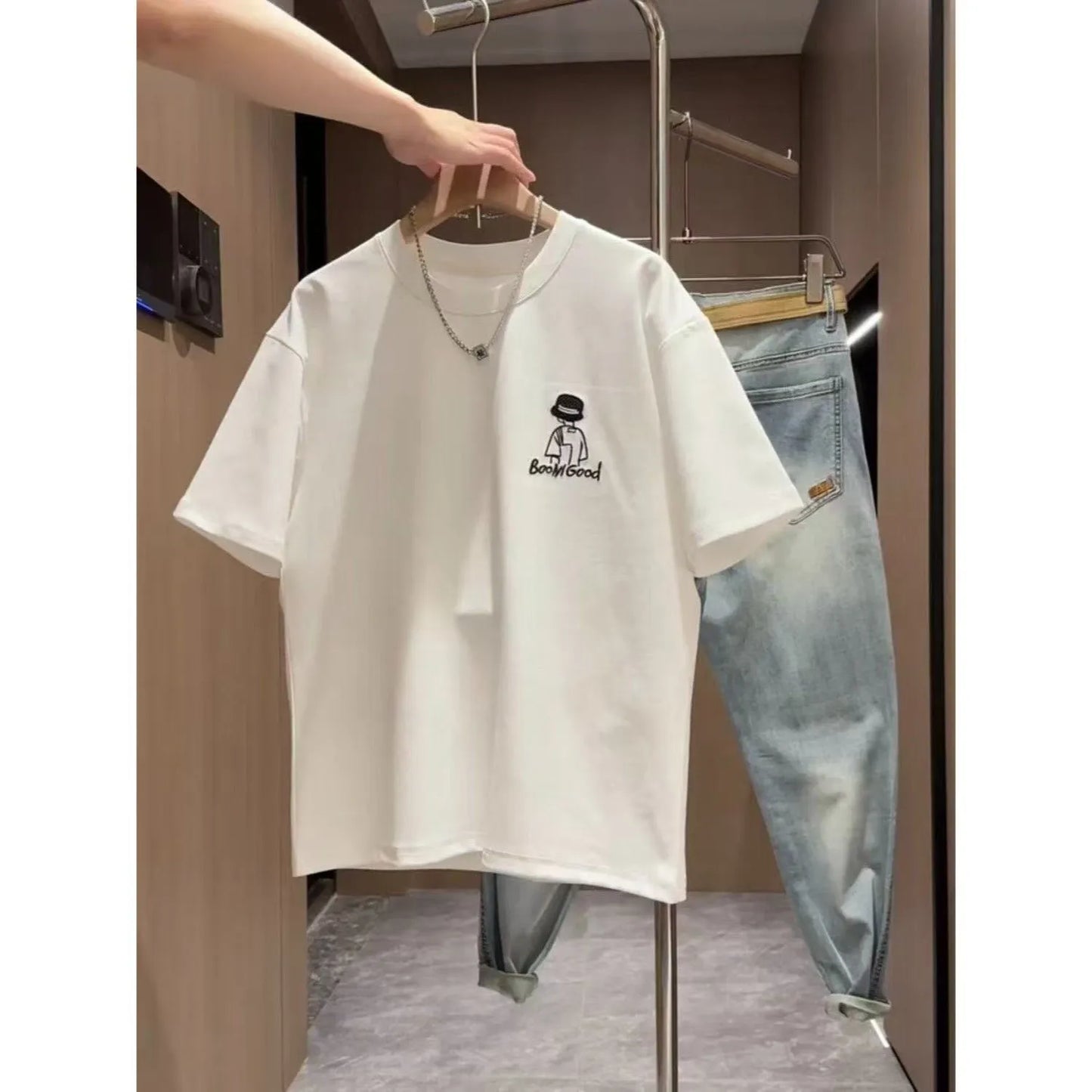 Men's white t-shirt with simple black cartoon print design, slim fit with short sleeves