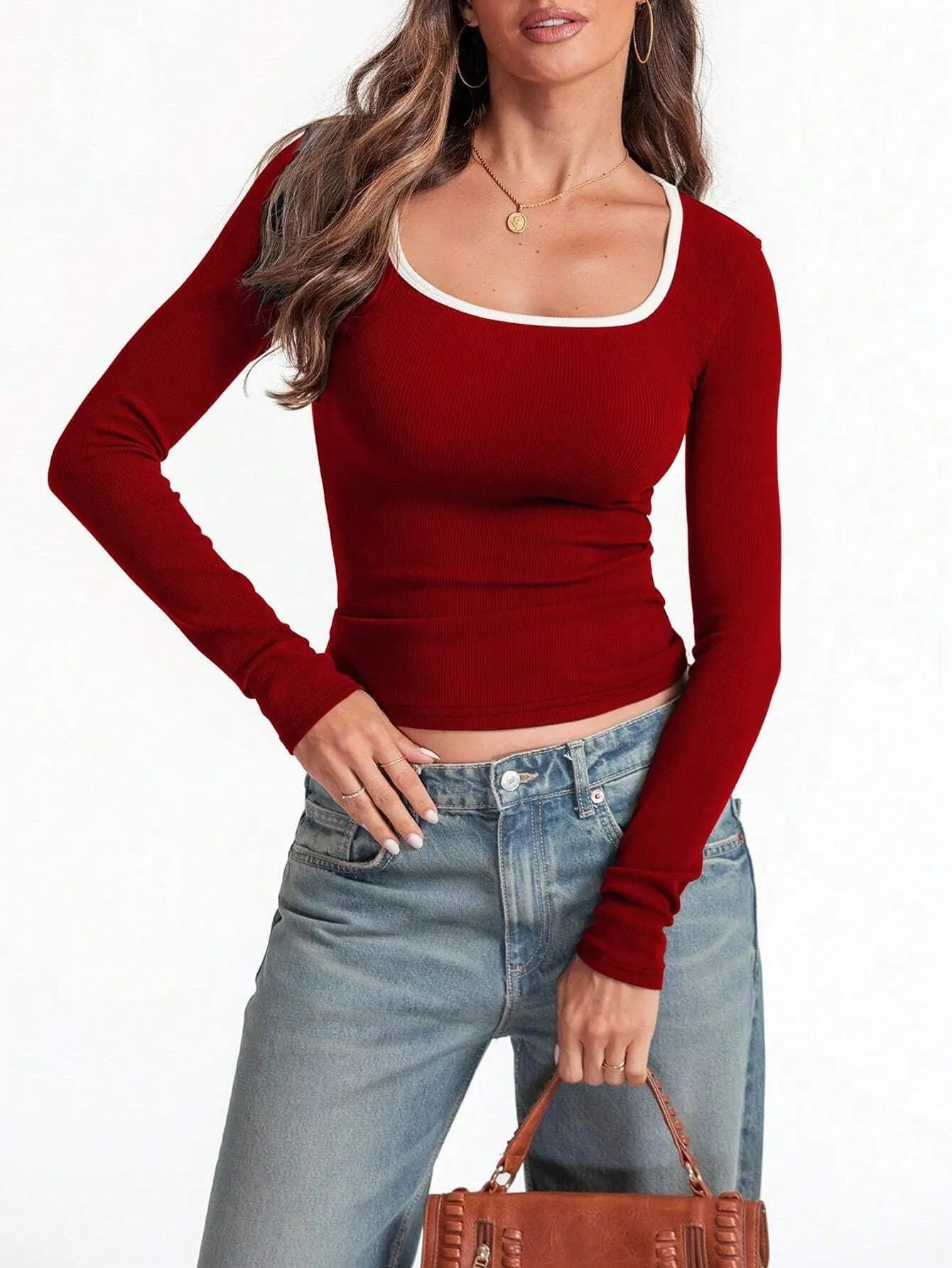 Women's light grey square collar slim-fit long sleeve cotton pullover on a hanger.