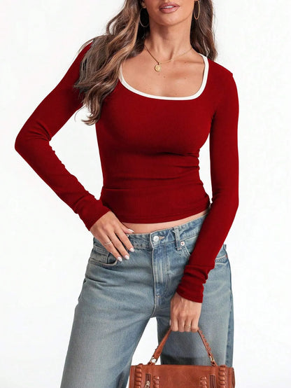 Women's light grey square collar slim-fit long sleeve cotton pullover on a hanger.