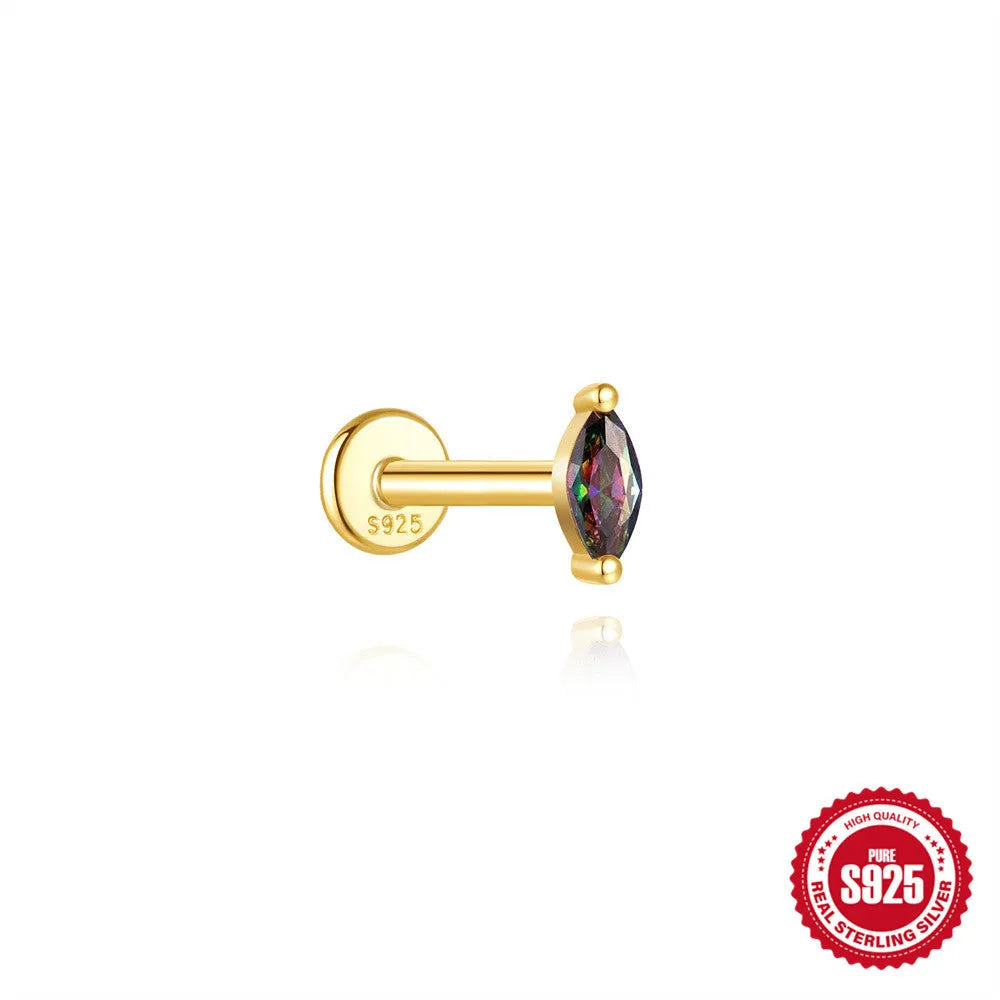Sterling silver flat head thread piercing earrings with geometric shape and rainbow stone detail