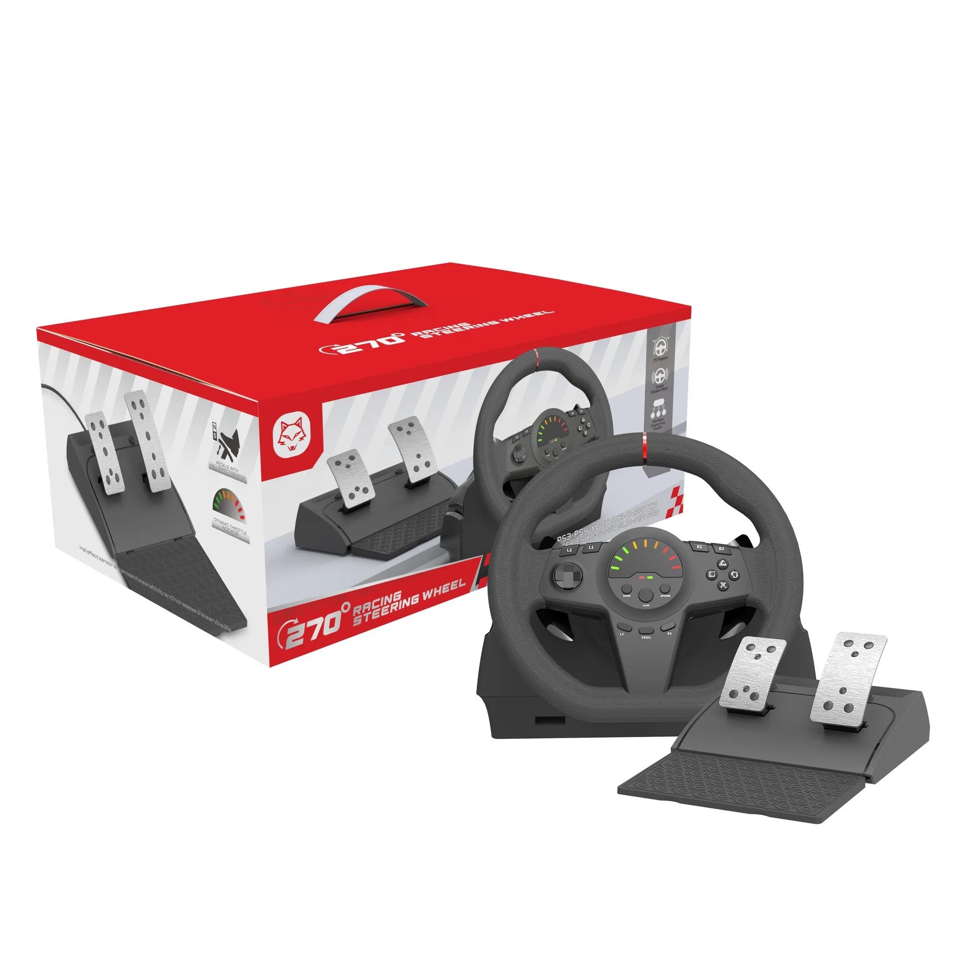Black multi-platform USB racing steering wheel with two pedals and a desk mounting bracket.