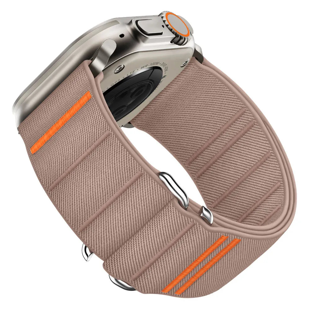 Nylon watch strap with stainless steel buckle for Apple Watch, shown in Army Green colour.