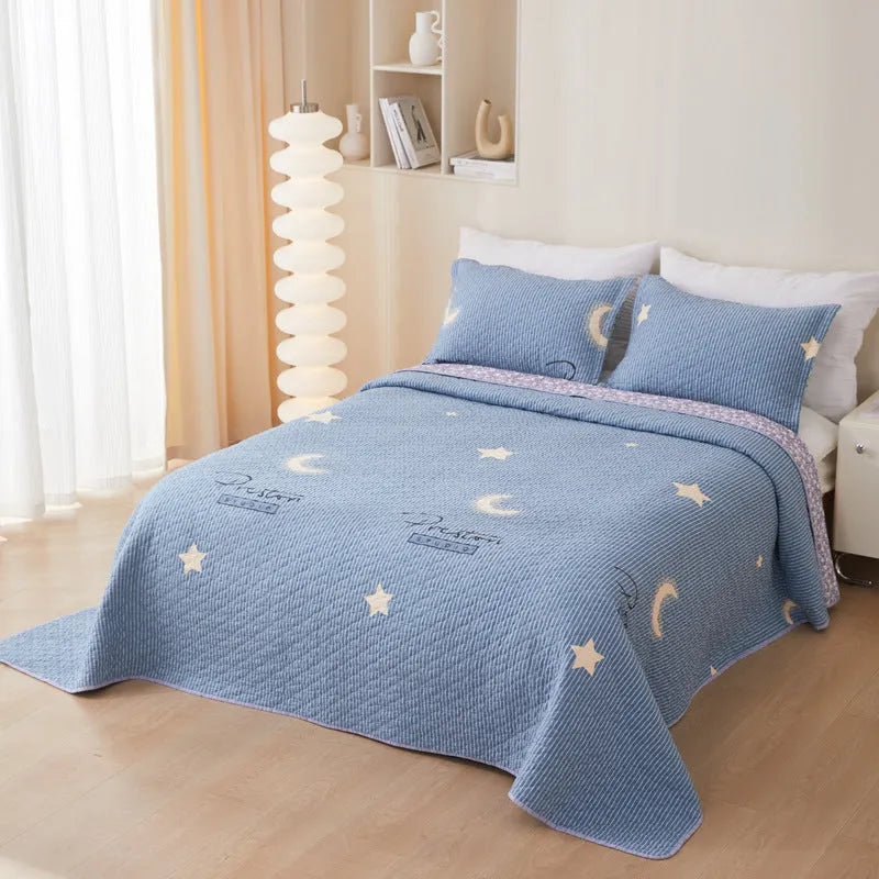 Pure cotton twill quilted bedspread three piece set with reactive printed floral pattern
