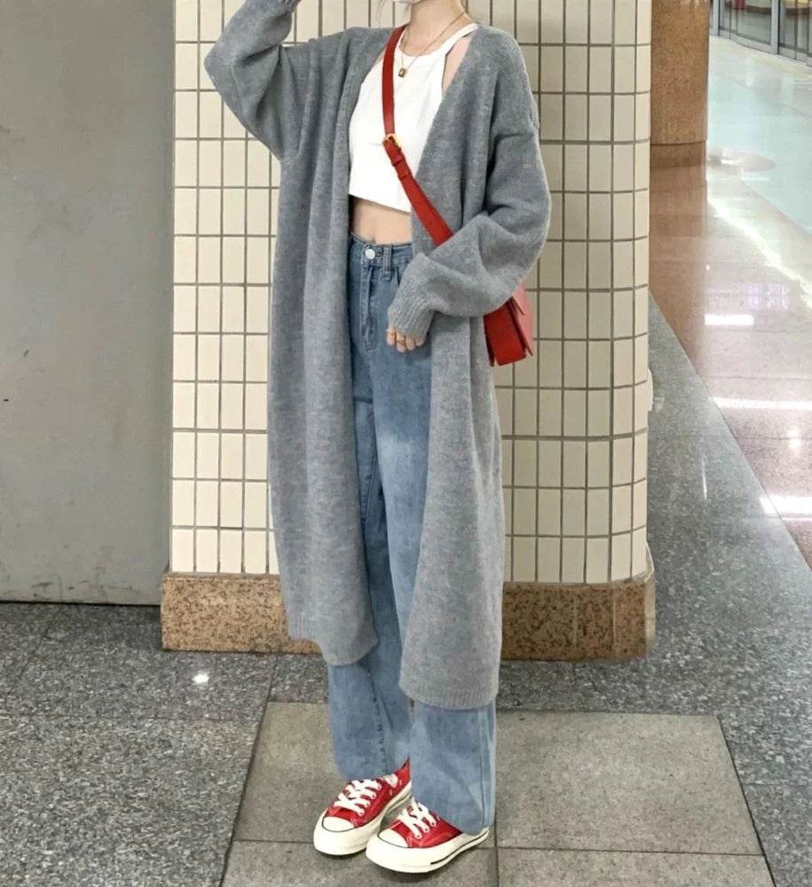 Dark grey loose knitted women's cardigan with 3D pattern texture, 65cm length with long sleeves