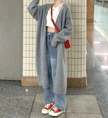 Dark grey loose knitted women's cardigan with 3D pattern texture, 65cm length with long sleeves