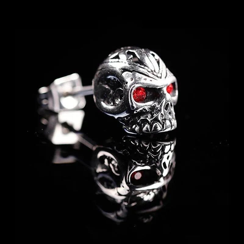Retro red eye ghost head skull stud earrings with electroplated alloy construction and artificial gemstone inlay