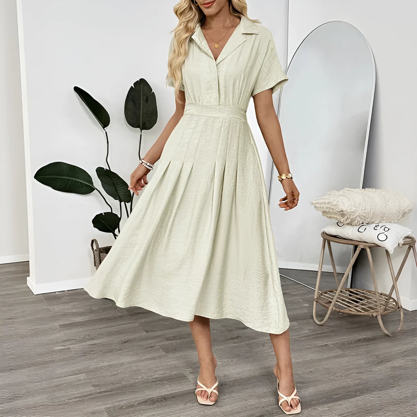 Light green women's shirt dress with lapel collar, waist tie fastening, and side pockets