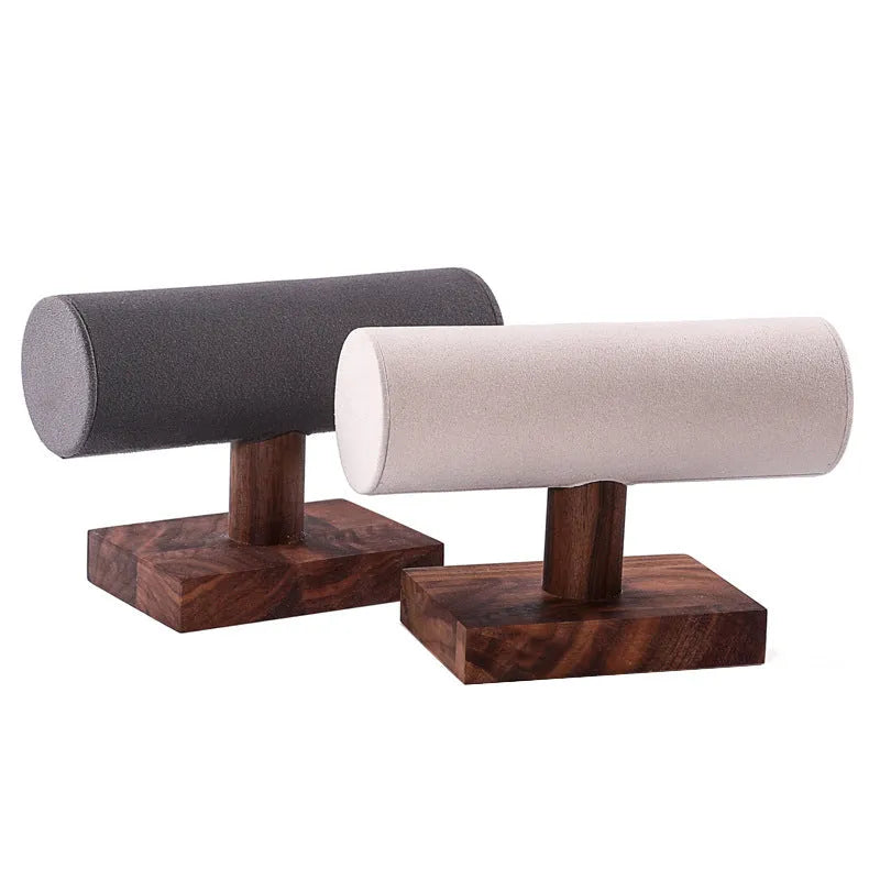 Walnut antique I-shaped wooden bracelet display stand with choice of velvet, leather or grey cylinder bases