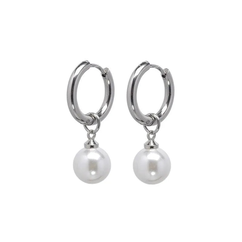 Women's geometric pearl drop earrings with titanium steel posts and round design elements