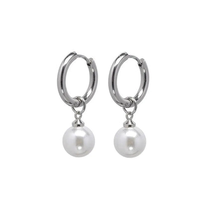 Women's geometric pearl drop earrings with titanium steel posts and round design elements