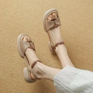 Women's khaki platform sandals with a chunky heel and open toe design