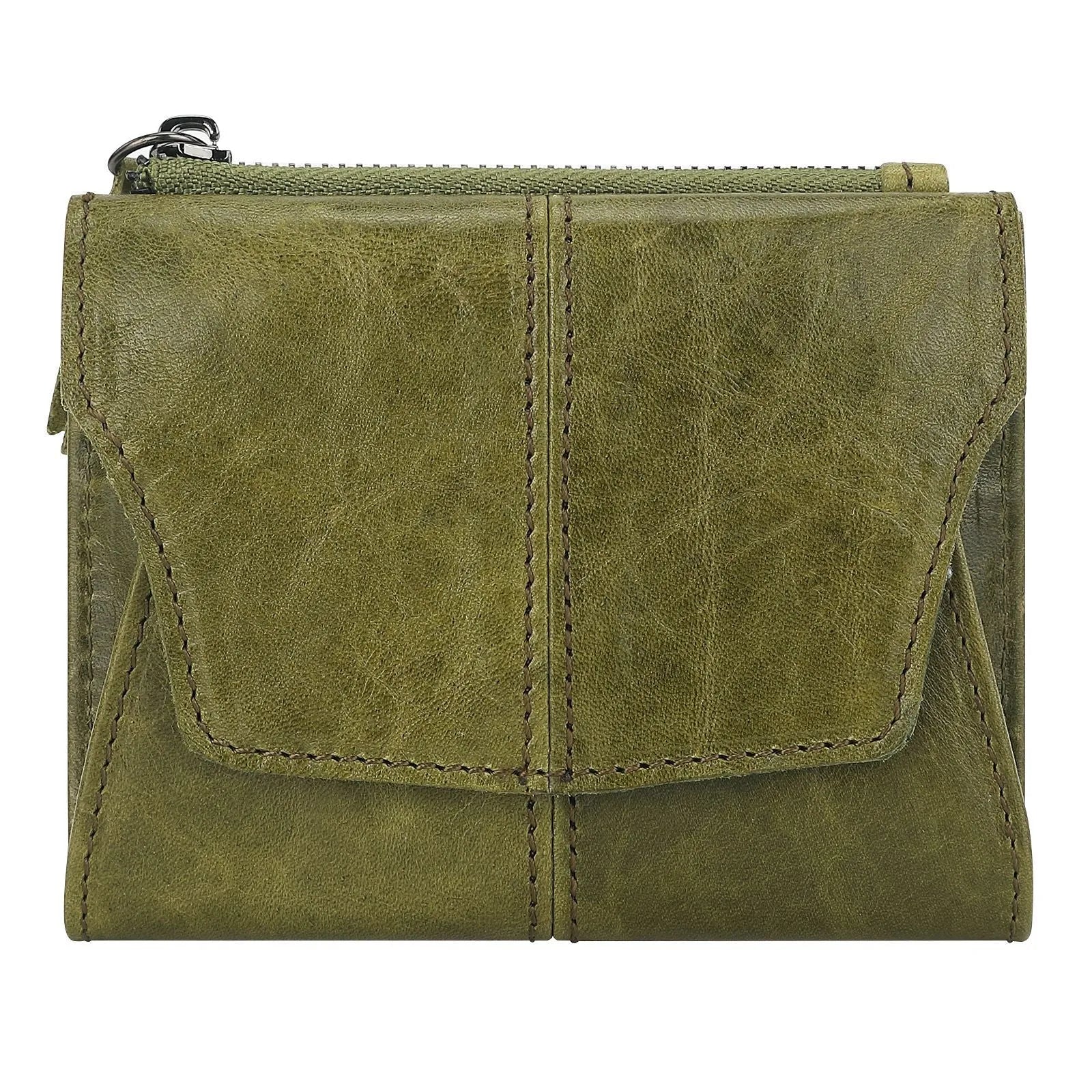 Men's brown genuine leather coin purse with a metal lock and decorative stitching in a retro style.