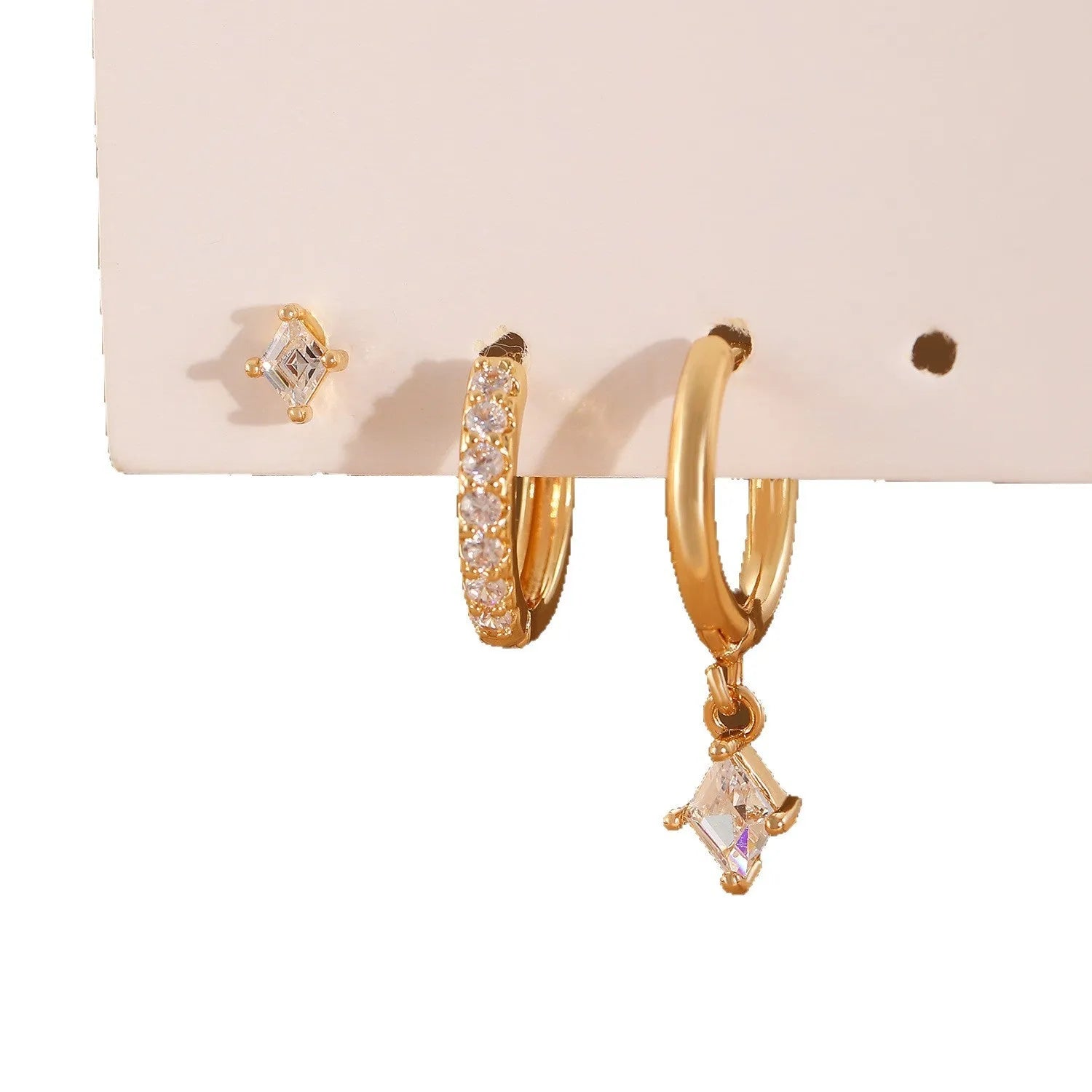 Ladies three-piece geometric earring set with inlaid zircon in gold and white colours