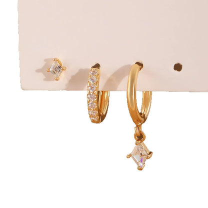 Ladies three-piece geometric earring set with inlaid zircon in gold and white colours
