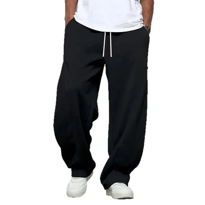 Men's straight leg casual trousers in grey with a micro-elastic drawstring waist.