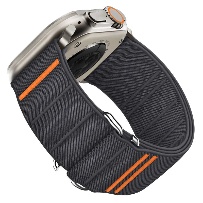 Nylon watch strap with stainless steel buckle for Apple Watch, shown in Army Green colour.