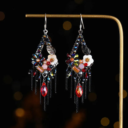 Hand-woven retro bohemian ethnic style exaggerated long earrings in artificial crystal and alloy