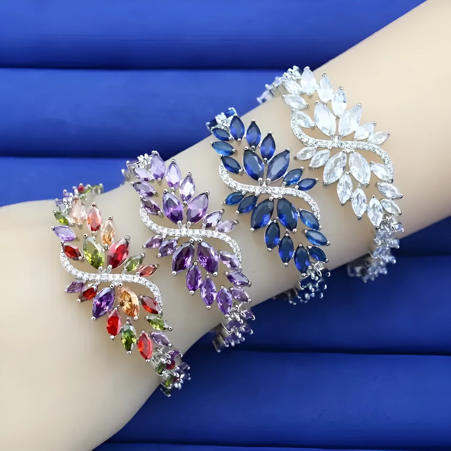 Copper bracelet with gold electroplating and micro-inlaid zircon stones in ice flower design