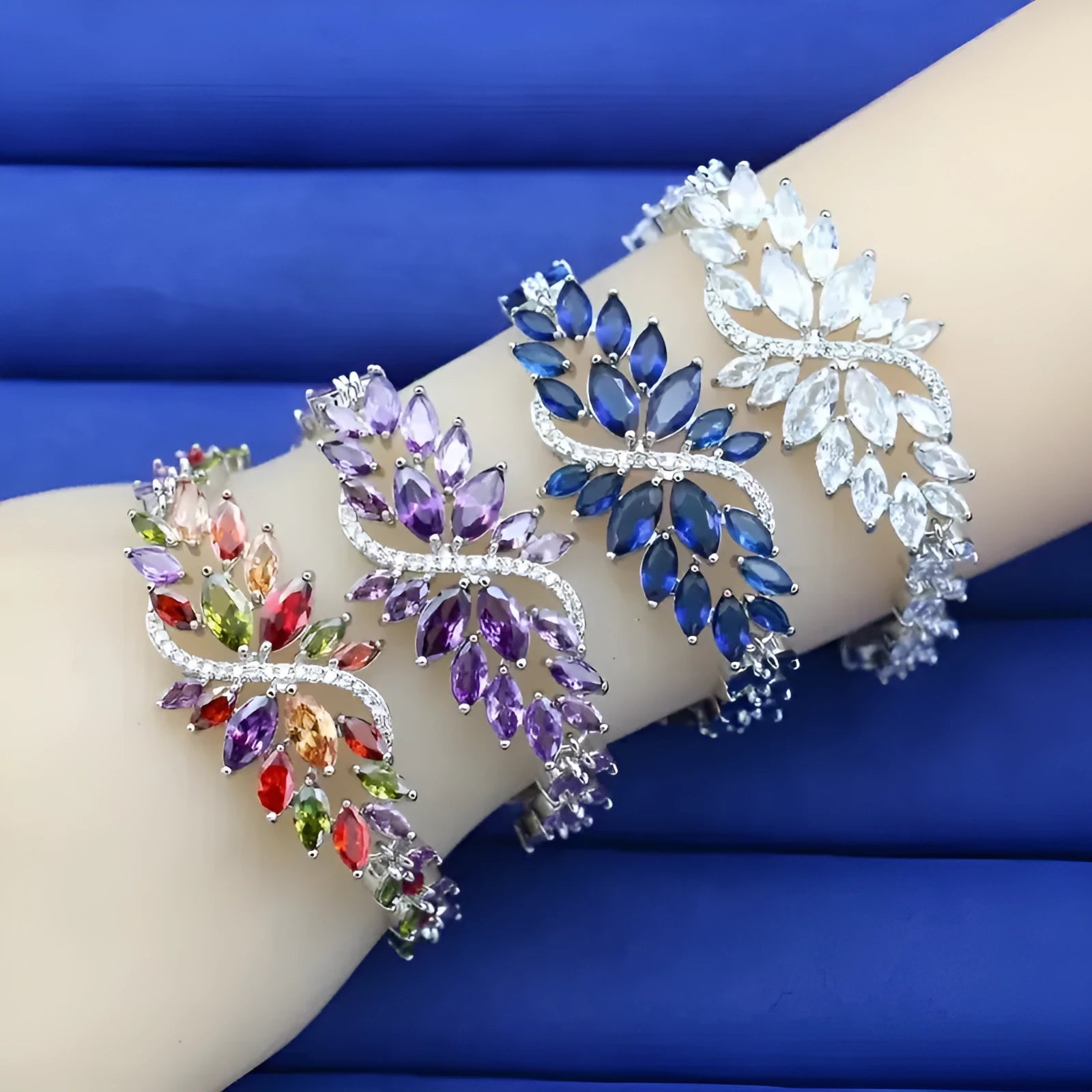 Copper bracelet with gold electroplating and micro-inlaid zircon stones in ice flower design