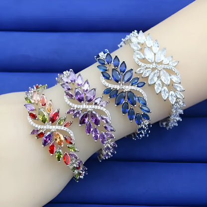 Copper bracelet with gold electroplating and micro-inlaid zircon stones in ice flower design