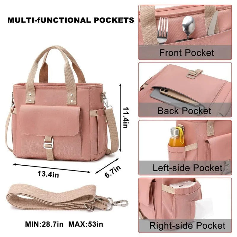 A pink cube-style Oxford cloth belt bag with a removable shoulder strap and a side pocket.