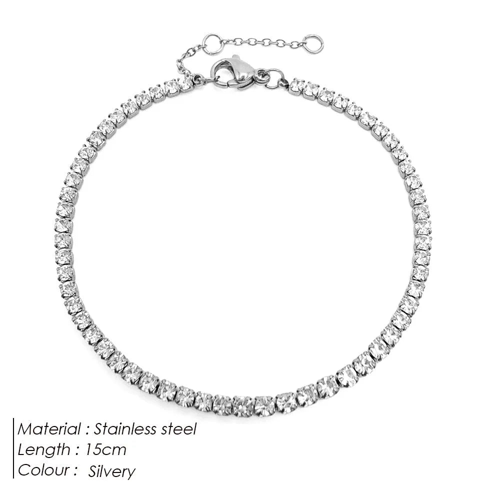 Single row round zircon tennis bracelet in stainless steel with rhinestone, 18K gold or steel colour