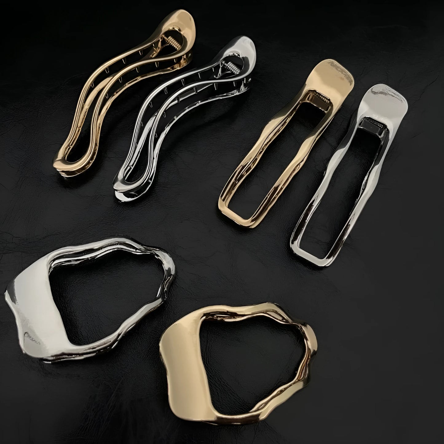 Women's zinc alloy hair barrettes in gold and silver with square, arc, and triangle shapes