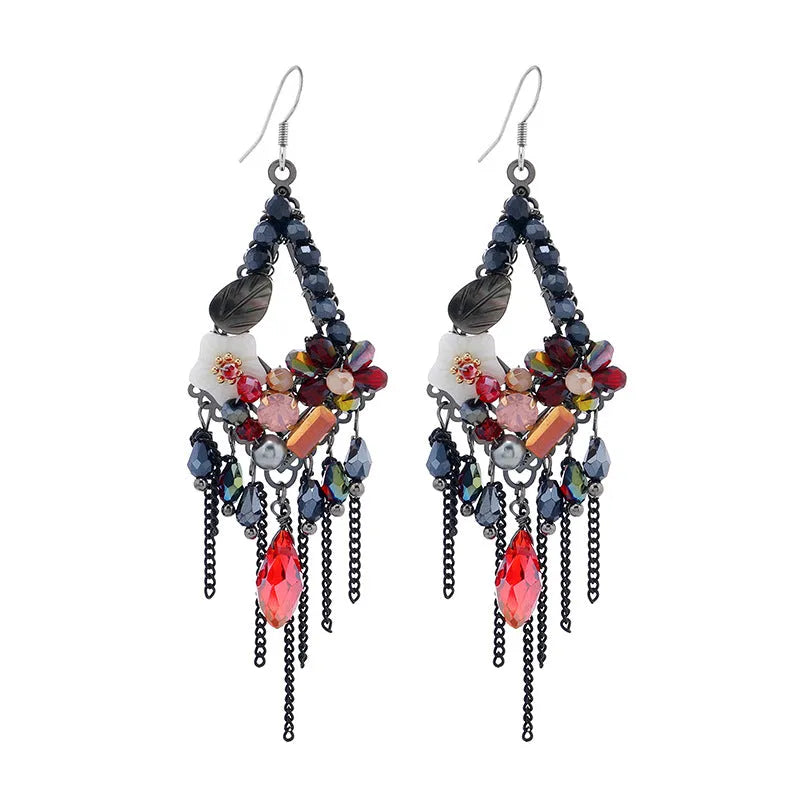 Hand-woven retro bohemian ethnic style exaggerated long earrings in artificial crystal and alloy