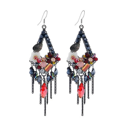 Hand-woven retro bohemian ethnic style exaggerated long earrings in artificial crystal and alloy