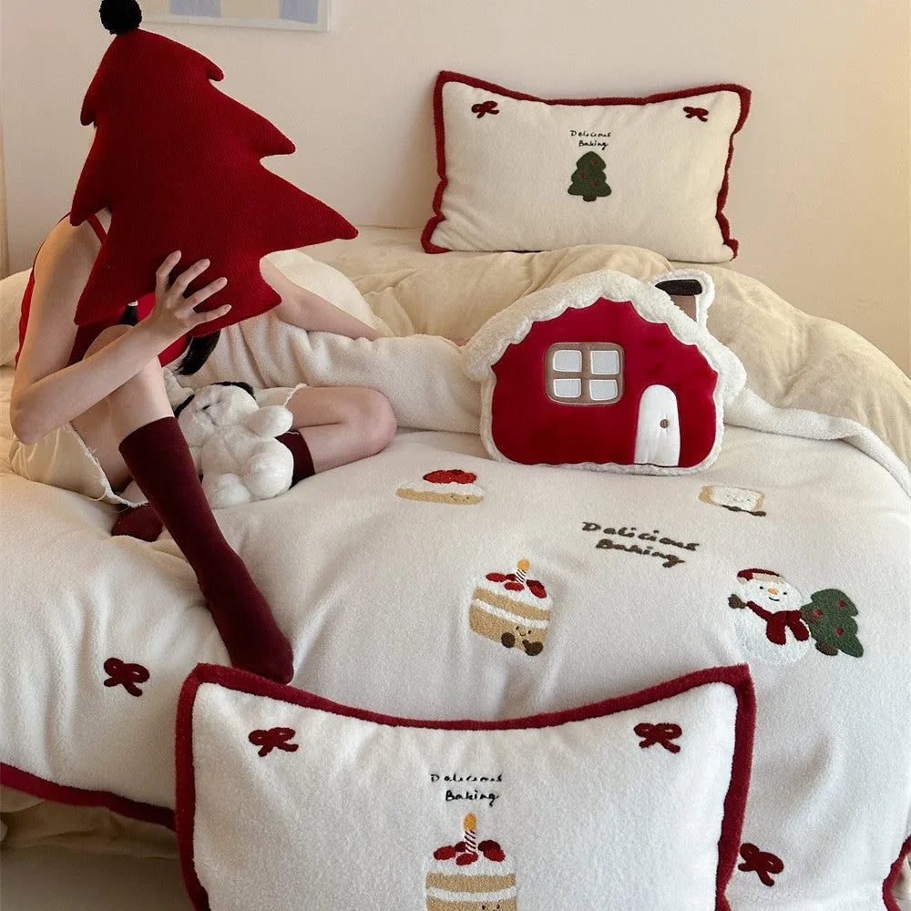 Winter Christmas cartoon four-piece bedding set with bed sheet, duvet cover, and pillowcases in polyester material