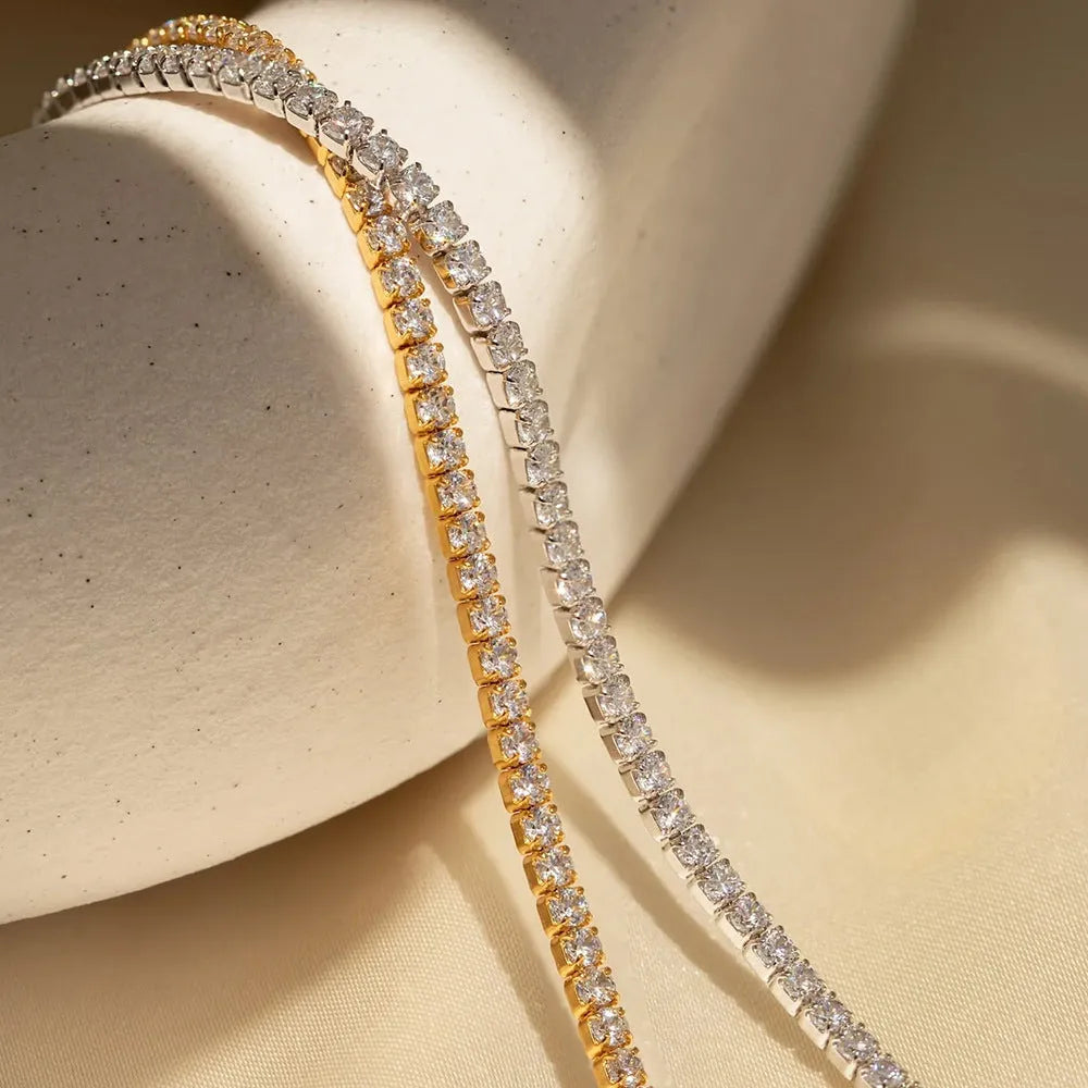 Single row round zircon tennis bracelet in stainless steel with rhinestone, 18K gold or steel colour