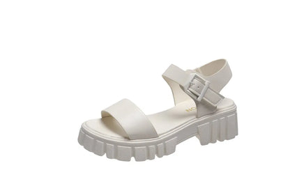 Women's beige peep toe ankle-strap sandals with buckle fastening and platform sole