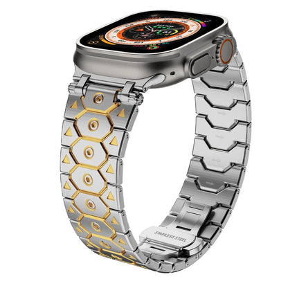 Stainless steel mesh watch strap shown in silver, compatible with iPhone watches, with adjustable clasp.